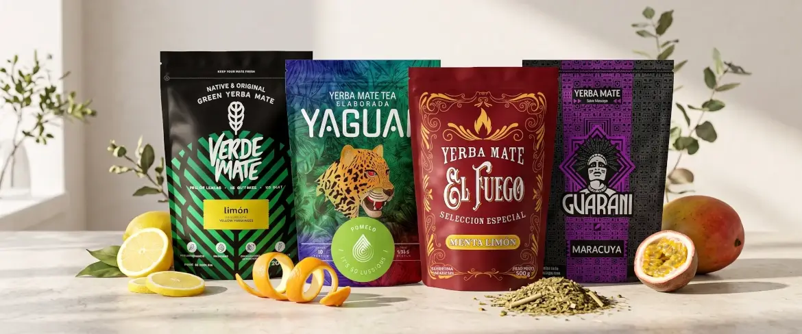 Erilaisilla hedelmämailla maustettuja yerba mate -doypack-pakkauksia, mukaan lukien sitrushedelmä- ja hedelmämaustettuja yerba mate -tuotteita.