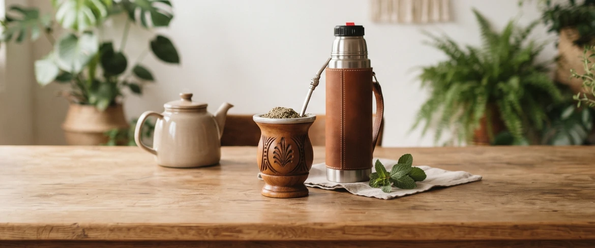 Pöydällä on mate-kurpitsa, jossa on yerba matea, termospullo ja haudutustarvikkeet; kuva kuvaa päivittäistä yerba mate -rituaalia.