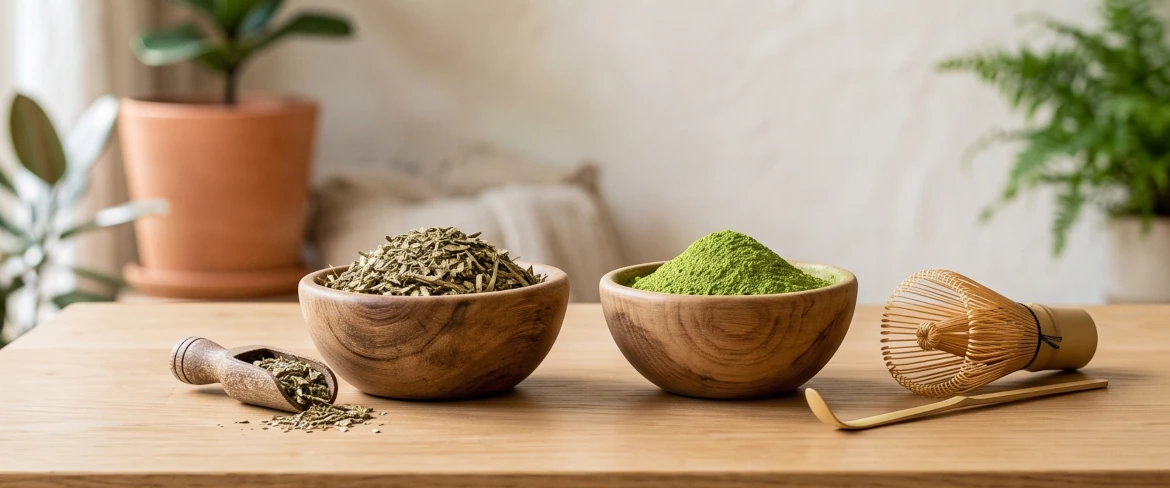 Matcha-vihreä tee vs. yerba mate: puiset kulhot, joissa on kuivia yerba mate -lehtiä ja vihreää matcha-jauhetta.