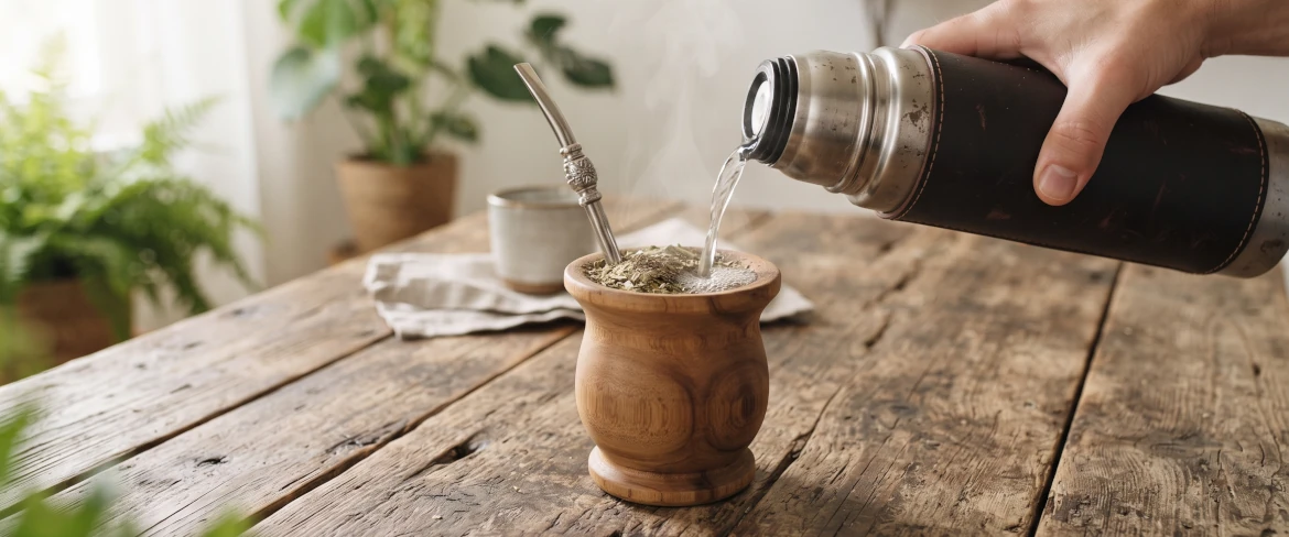 Kuumaa vettä kaadetaan termospullosta puiseen mate-kouruun, jossa on yerba matea ja bombilla.