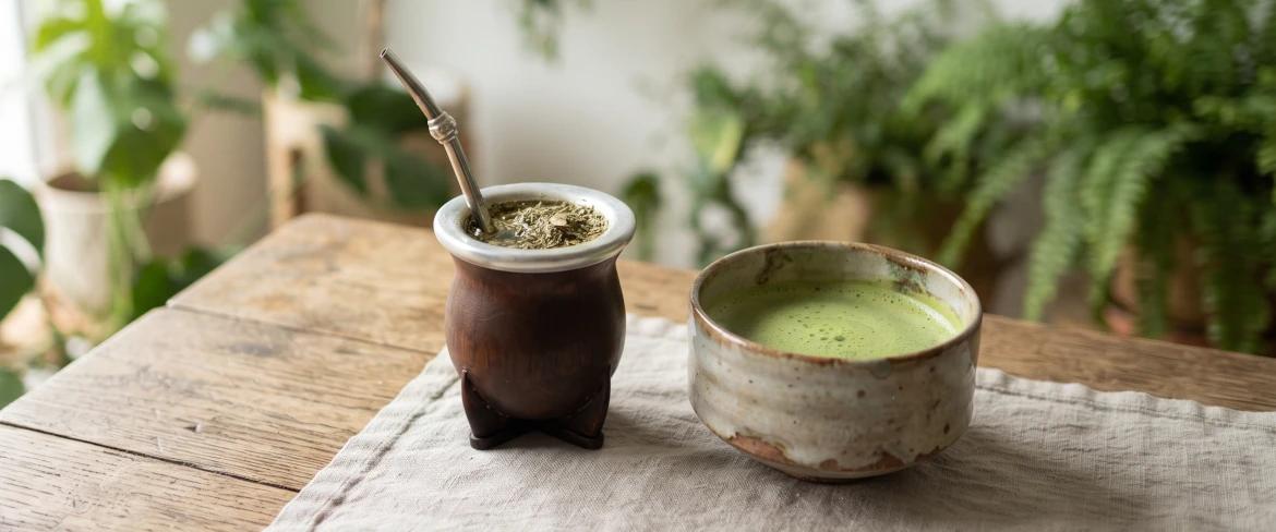 Matchan ja yerba maten suora vertailu: mate-kurpitsa, jossa on bombilla, ja keraaminen kulho, jossa on haudutettua juomaa.