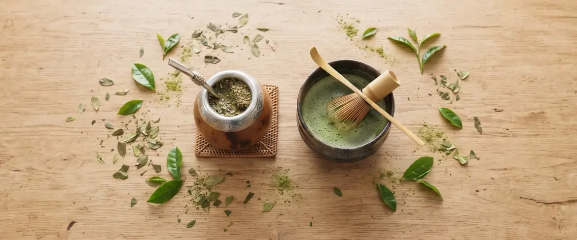 Ylhäältä katsottuna: yerba mate ja matcha – puinen mate-kuppi ja keraaminen kulho, joita ympäröivät lehdet.