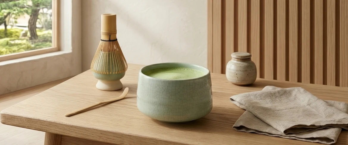 Matcha-teetä matchawan-kulhossa ja chasen-vispilällä – matcha-teesetti