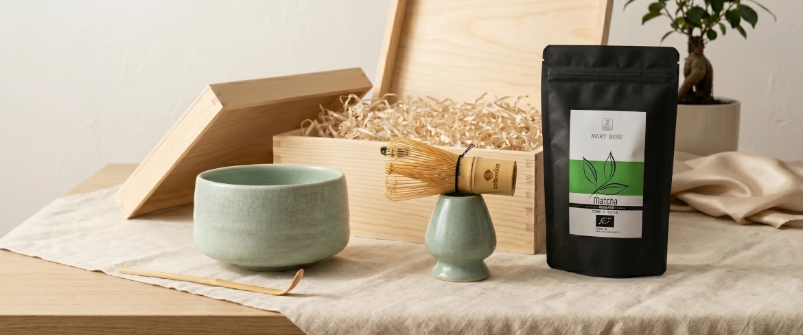 Matcha-lahjasetti – matcha-kannu, chasen ja matcha-teetä pakkauksessa