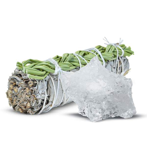Meditaatiosetti: valkoinen salvia suitsuke + kirkas kvartsikristalli.