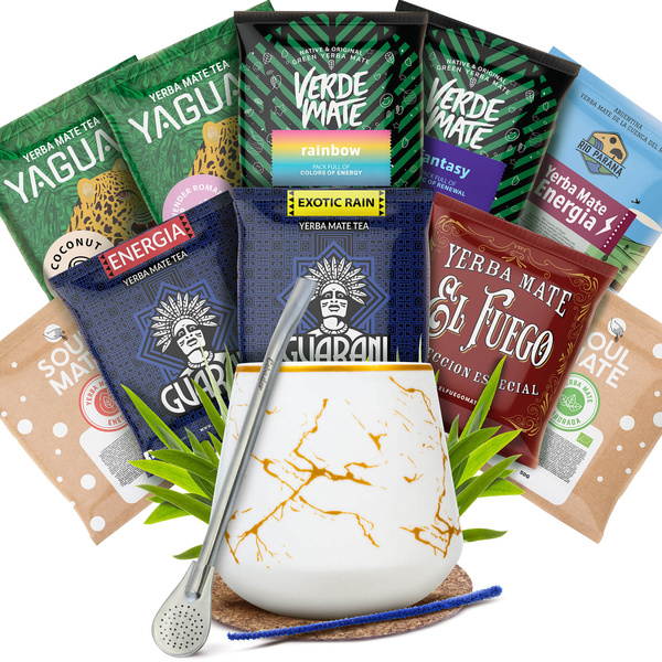 Yerba Mate -setti: näytteet 10x50g + 2× Kalebassi + 2× Bombilla