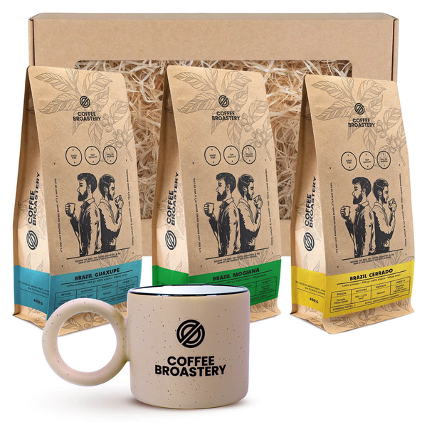 Coffee Broastery -lahjasetti: 3× brasilialainen kahvi + muki
