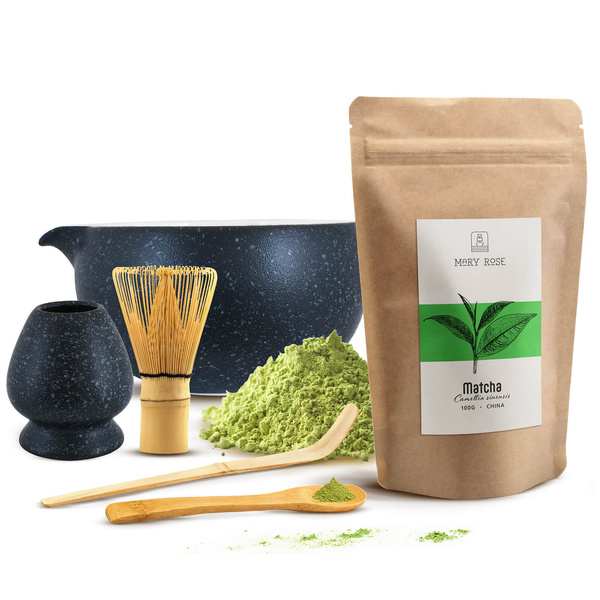 Matcha-teen valmistustarvikkeet: matcha 100g + tarvikkeet