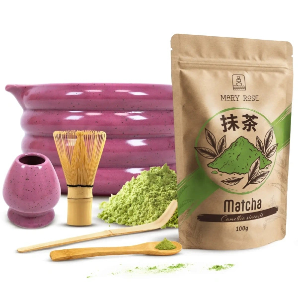 Matcha-teen valmistustarvikkeet: matcha 100g + tarvikkeet