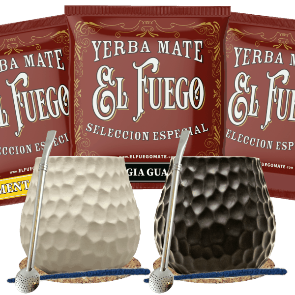 Yerba Mate -setti kahdelle: näytteet El Fuego 3x50g + 2× Kalebassi + 2× Bombilla