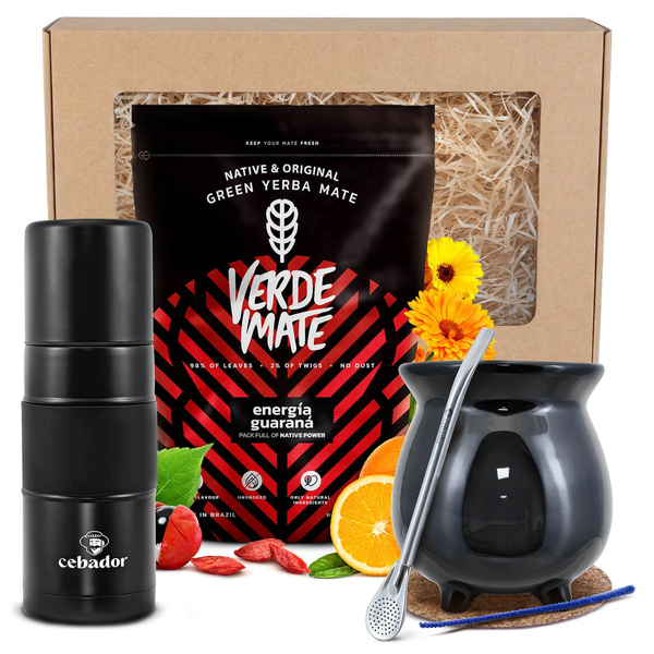 Lahjasetti Yerba Mate: Verde Mate Energía Guaraná 0,4kg + Yerbomos X + Balebassi + Bombilla