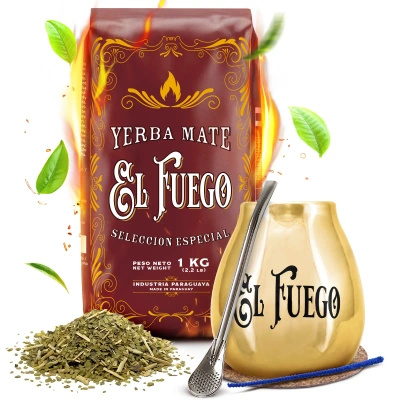 Yerba Mate -setti: El Fuego Elaborada 1kg + Kalebassi + Bombilla