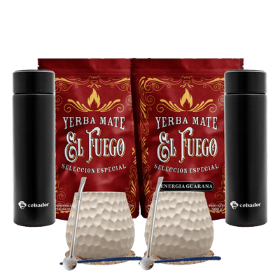 Yerba Mate -setti kahdelle: El Fuego 2x500g + 2x Termospullo LED + 2× Kalebassi + 2× Bombilla