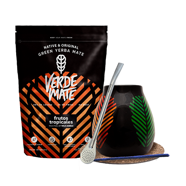 Yerba Mate -setti: Verde Mate Frutos Tropicales 500g + Kalebassi + Bombilla