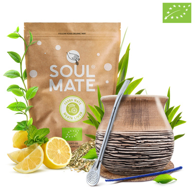 Yerba Mate Set Soul Mate Organica Menta Limon 500g 0,5kg Calabash + Bombilla