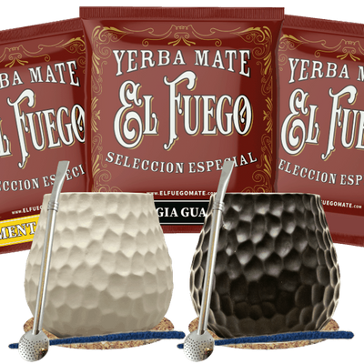 Yerba Mate -setti kahdelle: näytteet El Fuego 3x50g + 2× Kalebassi + 2× Bombilla