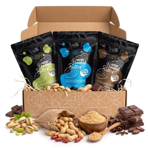Jauhemaisen maapähkinävoin lahjasetti Nustino: Pure + Chocolate + Pistachio & Chocolate 3x400g