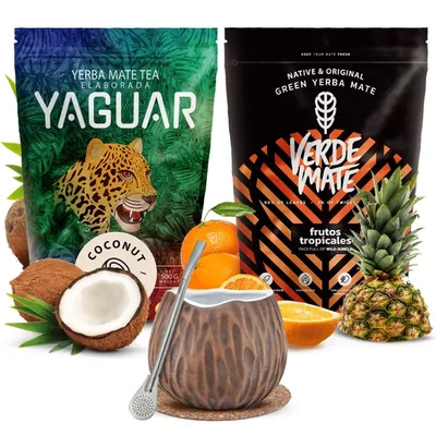 Yerba mate setti Verde Mate Yaguar keraaminen kalebassi Kookospähkinäbombilla