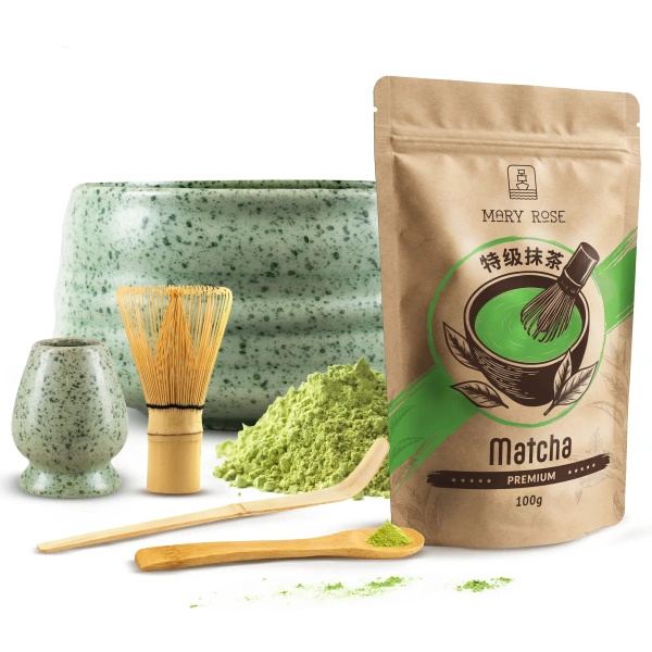 Matcha-teen valmistustarvikkeet: matcha 100g + tarvikkeet