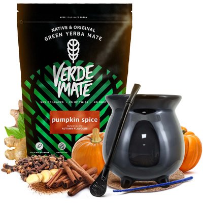 Aloituspakkaus Yerba Mate Verde Mate Pumpkin Spice 500 g + Kurpitsakuppi Caldero Padan Muotoinen
