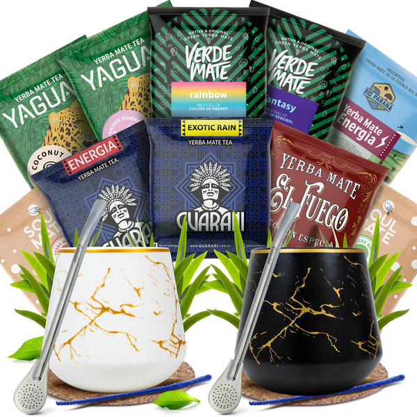 Yerba Mate -setti kahdelle: näytteet 10x50g + 2× Kalebassi + 2× Bombilla