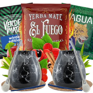 Yerba Mate -setti kahdelle: näytteet 3×50g + 2× Kalebassi + 2× Bombilla
