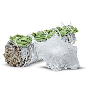 Meditaatiosetti: valkoinen salvia suitsuke + kirkas kvartsikristalli.