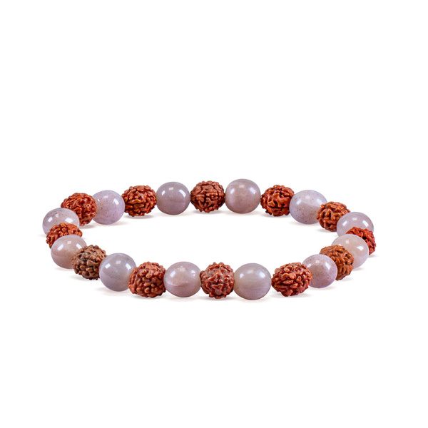 Rannekoru rudraksha ja persikka moonstone kanssa
