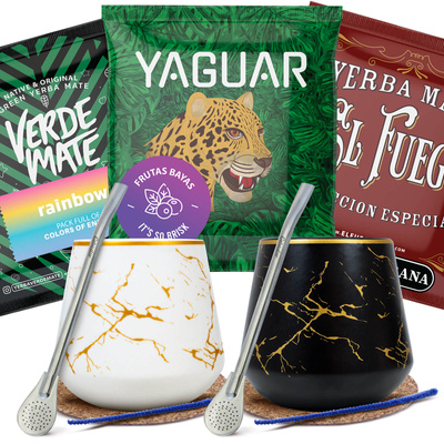Yerba Mate -setti kahdelle: näytteet 3×50g + 2× Kalebassi + 2× Bombilla