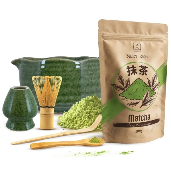 Matcha-teen valmistustarvikkeet: matcha 100g + tarvikkeet