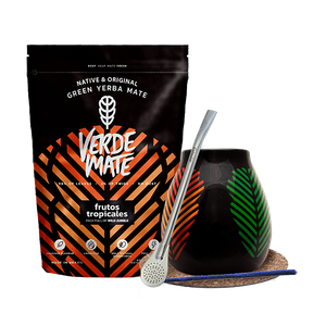 Yerba Mate -setti: Verde Mate Frutos Tropicales 500g + Kalebassi + Bombilla