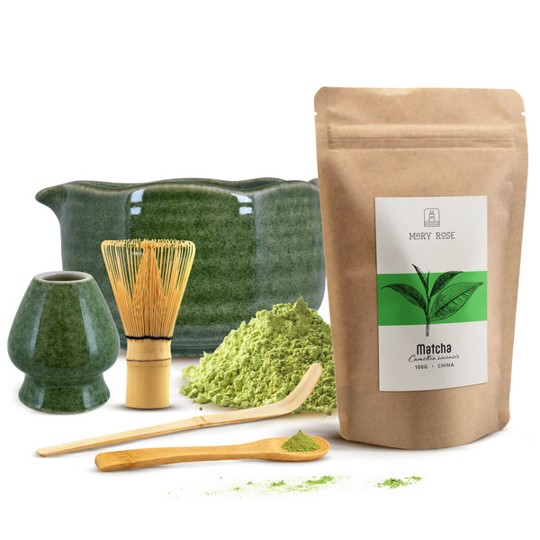 Matcha-teen valmistustarvikkeet: matcha 100g + tarvikkeet
