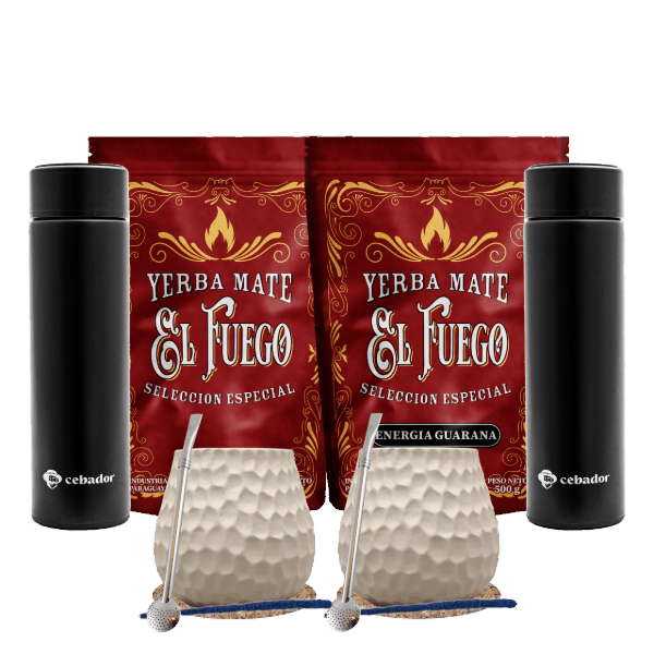 Yerba Mate -setti kahdelle: El Fuego 2x500g + 2x Termospullo LED + 2× Kalebassi + 2× Bombilla