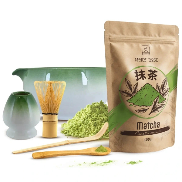 Matcha-teen valmistustarvikkeet: matcha 100g + tarvikkeet