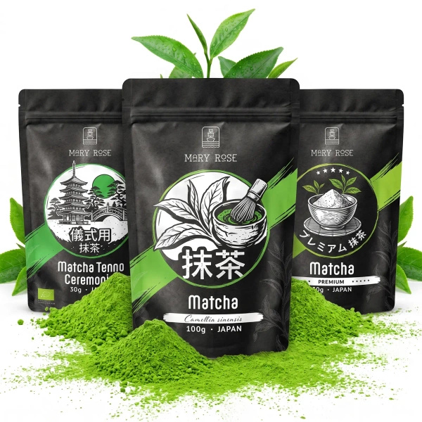 Setti: 3 japanilaista luomu‑matcha‑teetä – seremoniallinen + premium + kulinaarinen