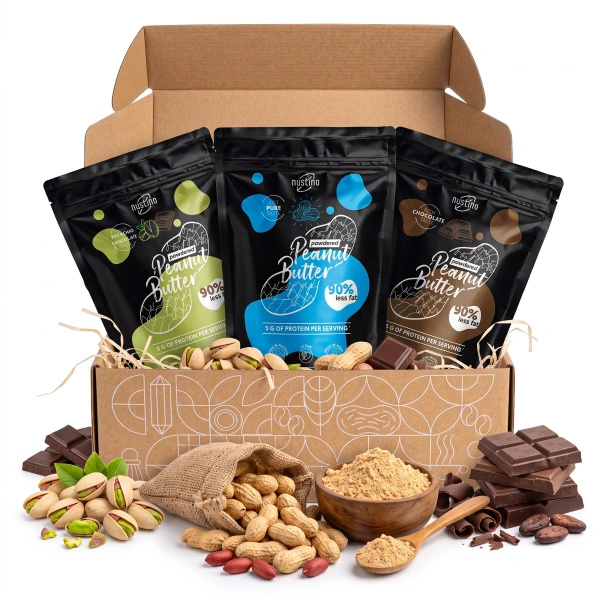 Jauhemaisen maapähkinävoin lahjasetti Nustino: Pure + Chocolate + Pistachio & Chocolate 3x400g