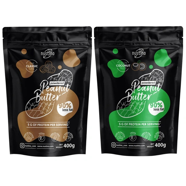 Nustino-maapähkinävoijauhesarja: Classic + Coconut 2x400g
