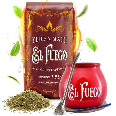 Yerba Mate -setti: El Fuego Elaborada 1kg + Kalebassi + Bombilla
