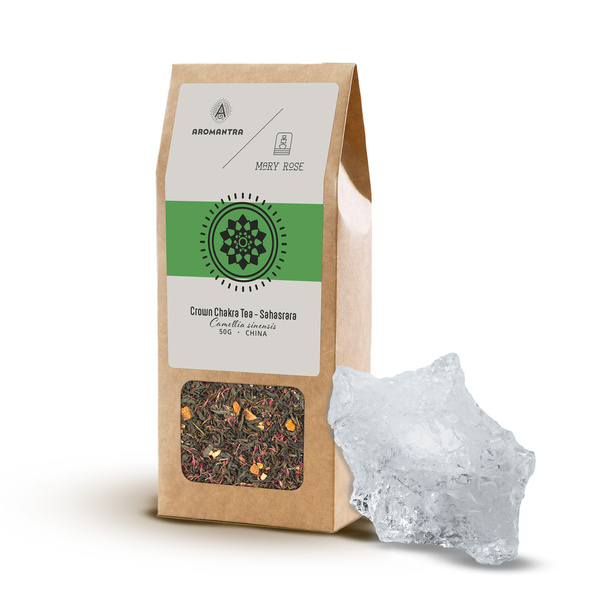 Kruunu chakran (Sahasrara) setti: chakra tee + maaginen jalokivi.