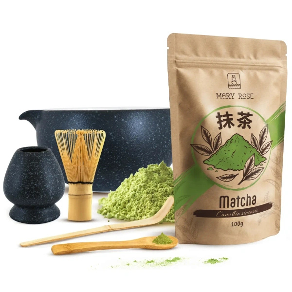 Matcha-teen valmistustarvikkeet: matcha 100g + tarvikkeet