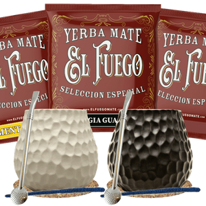 Yerba Mate -setti kahdelle: näytteet El Fuego 3x50g + 2× Kalebassi + 2× Bombilla