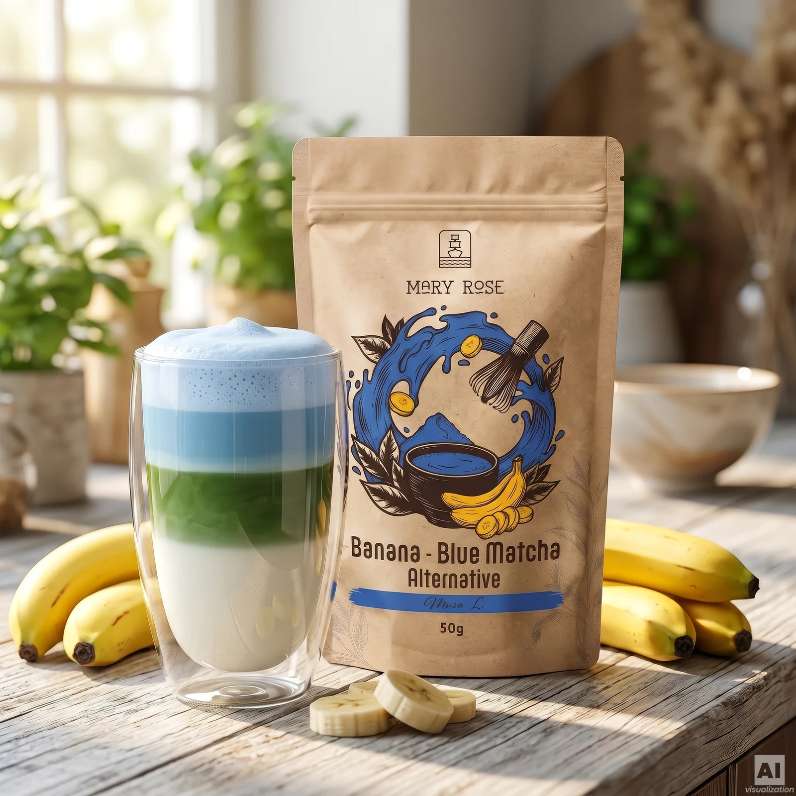 Kolmivärinen Blue Banana Matcha Latte Mary Rose Blue Matcha Alternative Banaanista
