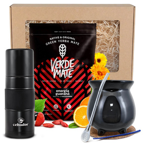 Lahjasetti Yerba Mate: Verde Mate Energía Guaraná 0,4kg + Yerbomos X + Balebassi + Bombilla