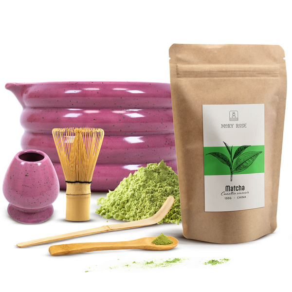 Matcha-teen valmistustarvikkeet: matcha 100g + tarvikkeet