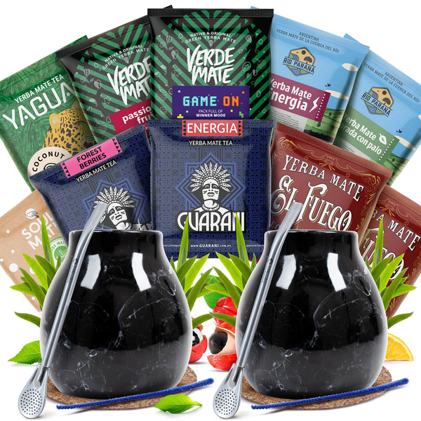 Yerba Mate -setti kahdelle: näytteet 10x50g + 2x Kalebassi + 2x Bombilla
