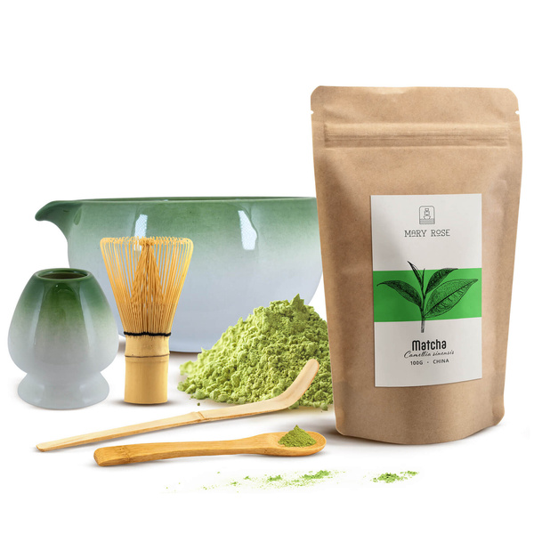 Matcha-teen valmistustarvikkeet: matcha 100g + tarvikkeet